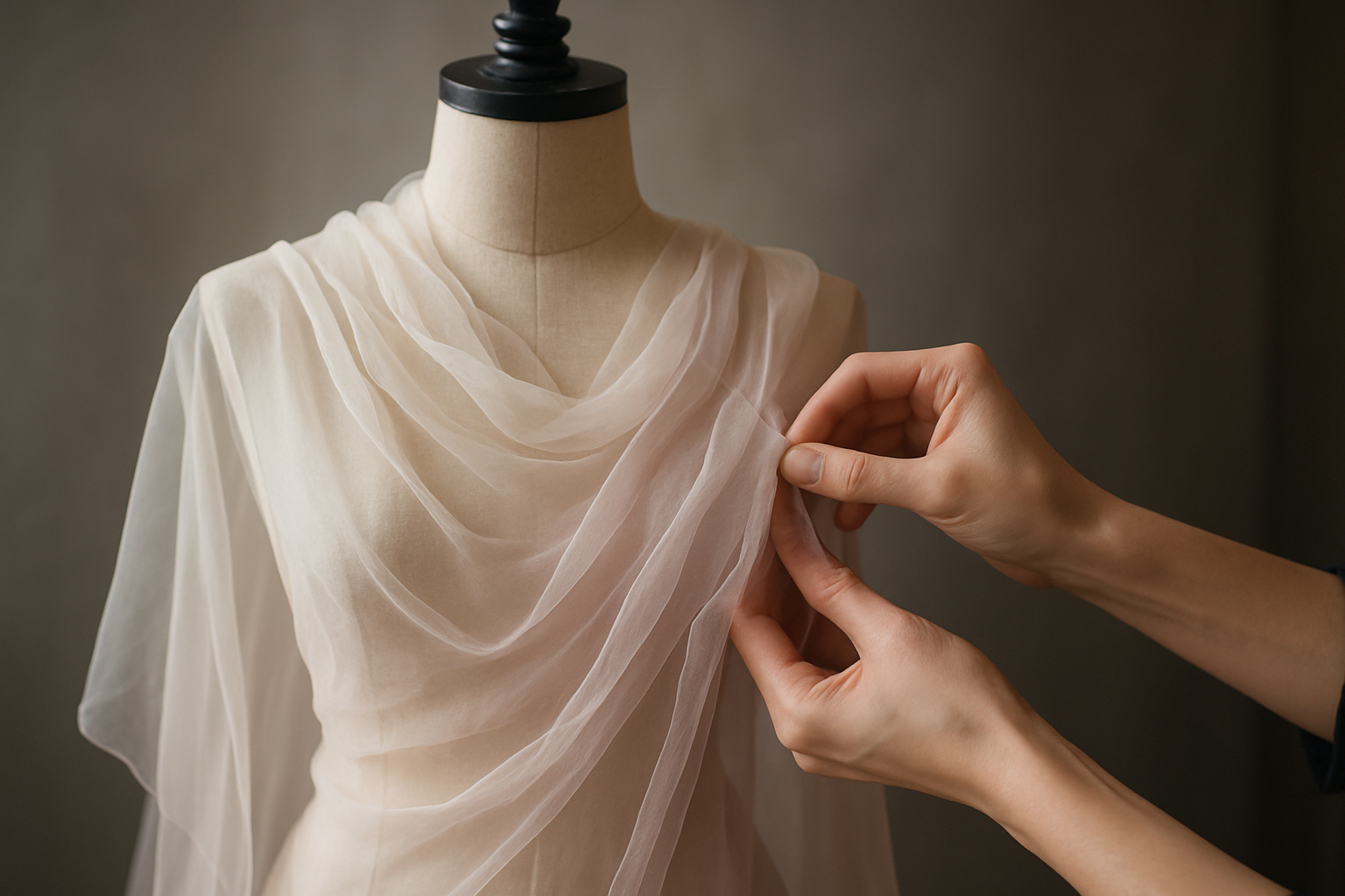 tissu de mousseline de soie avec main travaillant sur un mannequin