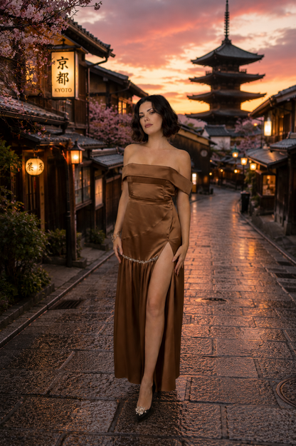 KYOTO - Top Bardot et Jupe en soie broderie main