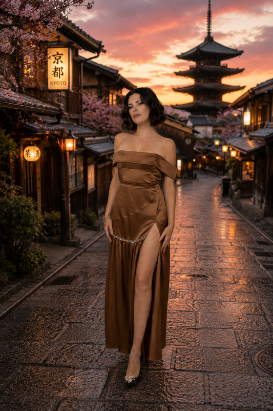 KYOTO - Top Bardot et Jupe en soie broderie main