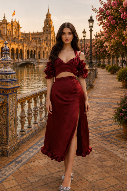 SEVILLE - Top avec petite manchettes ajustable et Jupe fleurs en soie