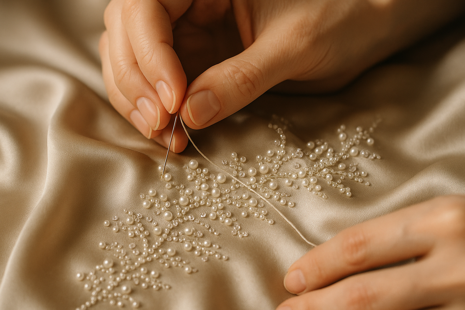 main qui brode des perles sur du satin de soie